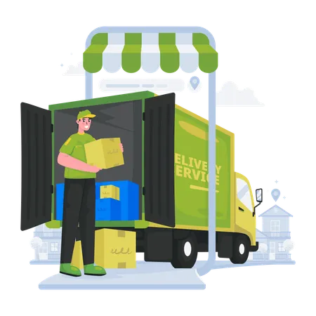 Illustration Of Online Shopping Cargo Delivery Service Using Truck Transportation Illustration