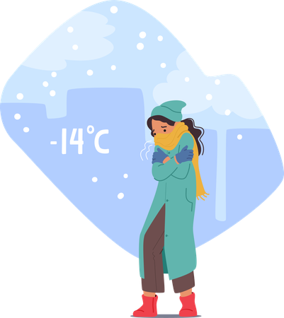 Shivering In Her Coat, Girl Clutched Her Arms, Feeling The Biting Cold Pierce Through. Freezing Child Walking At Street  Illustration