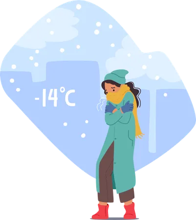Shivering In Her Coat Little Girl Clutched Her Arms Feeling The Biting Cold Pierce Through Freezing Child Character Walking At City Street Bundled Up In Clothes Cartoon People Vector Illustration 일러스트레이션