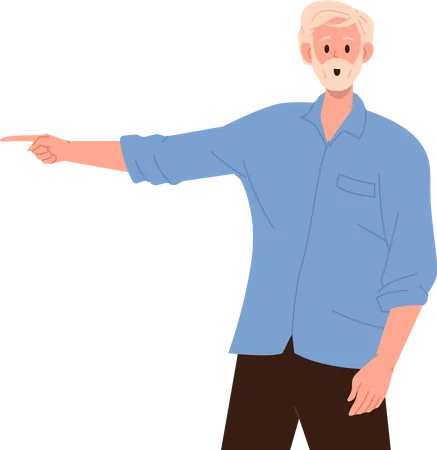 Shocked Surprised Senior Man Cartoon Elderly Character Pointing Right With Forefinger Indicating Recommending Something Important And Amazing To Draw Attention Standing Isolated On White Background Illustration