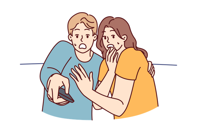 Shocked couple holding remote  Illustration