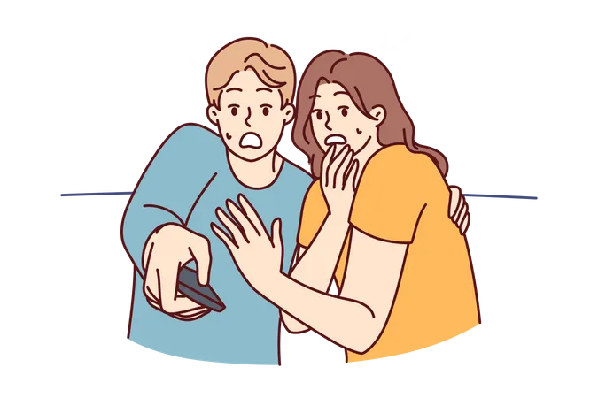 Shocked couple holding remote  Illustration