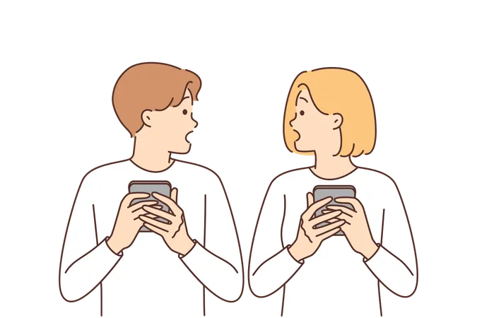 Shocked Couple With Phones Surprised To Read News Or Receive SMS Mailing About Bad Weather Embarrassed Man And Woman With Phones Surprised By Posts Or Shared Photos Of Partner On Social Media Illustration