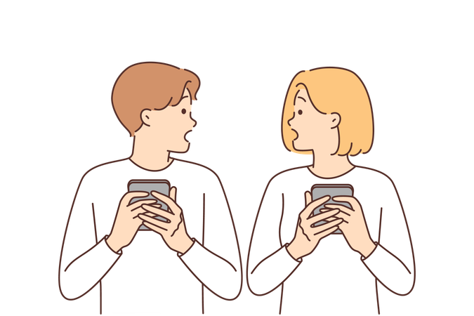 Shocked couple with phones  Illustration