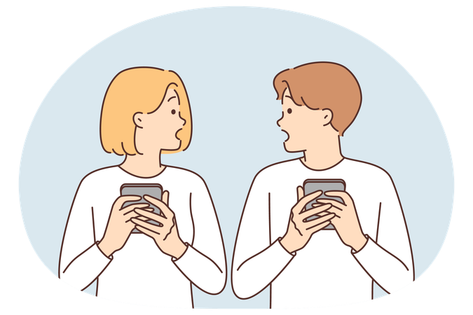 Shocked couple with phones surprised to read news and receive SMS mailing about bad weather  Illustration