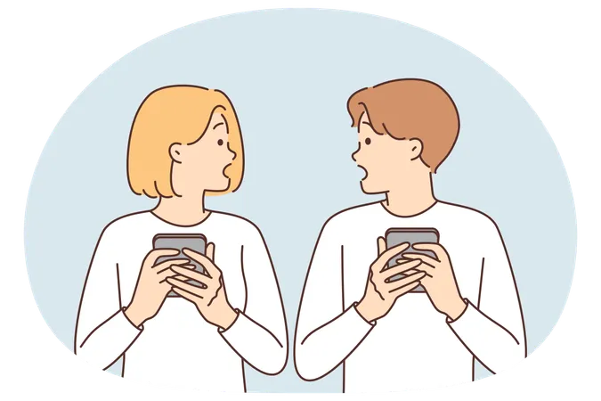 Shocked couple with phones surprised to read news and receive SMS mailing about bad weather  Illustration