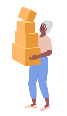 Shocked elderly lady carrying moving boxes  Illustration