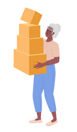 Shocked Elderly Lady Carrying Moving Boxes Semi Flat Color Vector Character Editable Figure Full Body Person On White Simple Cartoon Style Spot Illustration For Web Graphic Design And Animation Illustration
