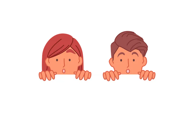Spying And Discovery Banner Concept Shocked Friends Peeking Over Empty White Space Surprised Young Girl And Boy Astonishment Facial Expression Human Curiosity Simple Flat Vector Illustration