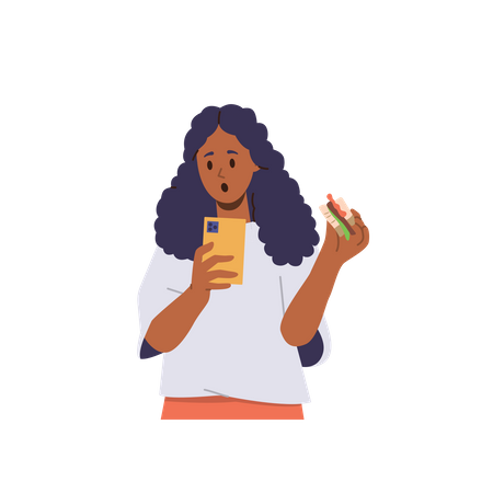 Shocked little school girl looking at phone screen eating sandwich  Illustration