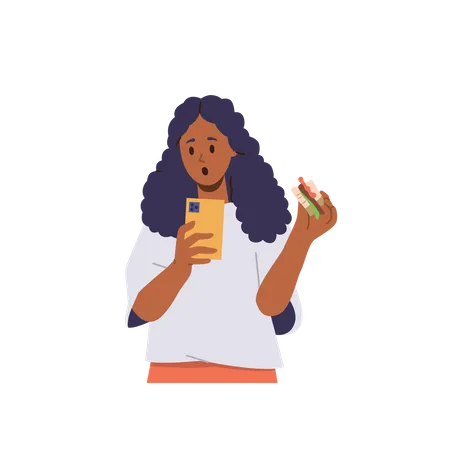 Shocked little school girl looking at phone screen eating sandwich  Illustration