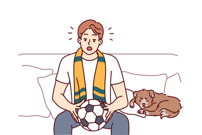 Shocked man holding football with dog  Illustration