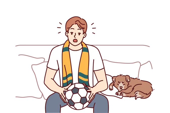 Shocked man holding football with dog  Illustration