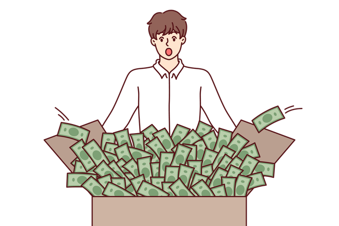 Shocked man looks at box full of money surprised to get big profit from investing in stock market  Illustration