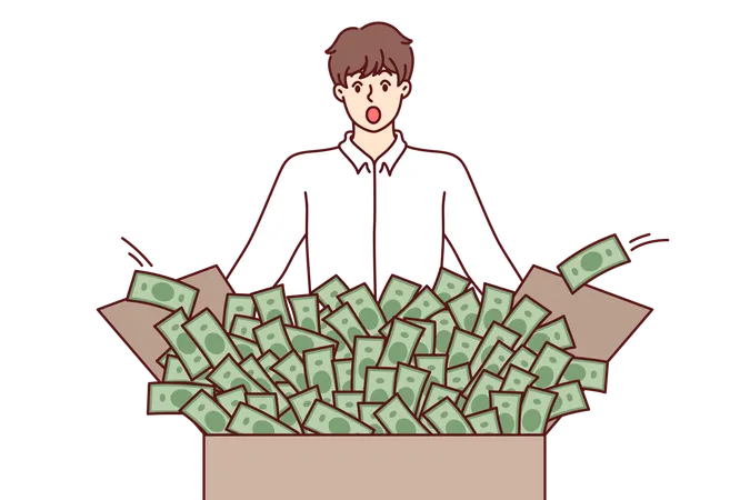 Shocked Man Looks At Box Full Of Money Surprised To Get Big Profit From Investing In Stock Market Lucky Guy Won Lot Of Money In National Lottery Or New Betting App For Mobile Phone Illustration