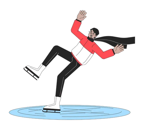 Perplexed Man In Scarf On Ice Rink Flat Line Color Vector Character Editable Outline Full Body Man Skates And Falls On White Simple Cartoon Spot Illustration For Web Graphic Design Illustration