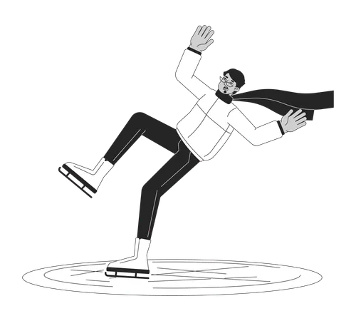 Perplexed Man In Scarf On Ice Rink Flat Line Black White Vector Character Editable Outline Full Body Man Skates And Falls On White Simple Cartoon Isolated Spot Illustration For Web Graphic Design Illustration