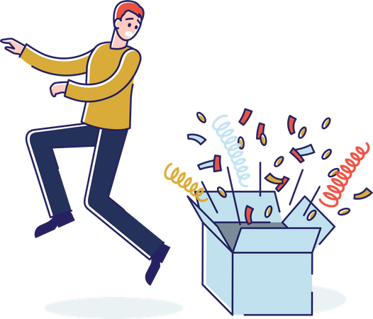Shocked man running away from box with fireworks Illustration