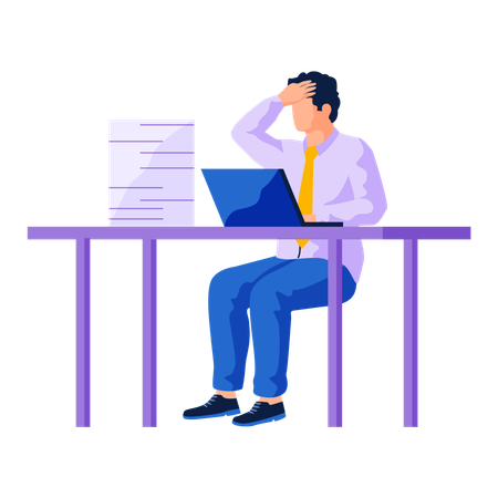 Shocked man sitting at table with computer and stack of documents  Illustration