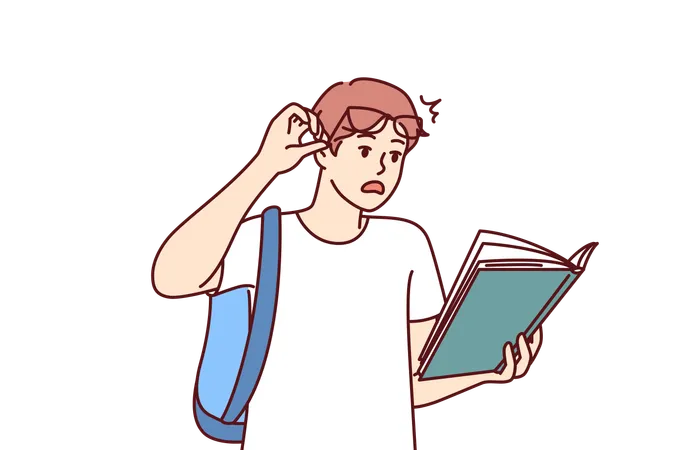 Shocked Guy Student With Book Reads Amazing Smart Facts In Textbook Which Causes Wow Effect Young Man Lifts Glasses From Eyes After Reading Shocking Information In Book Given By College Teacher Illustration