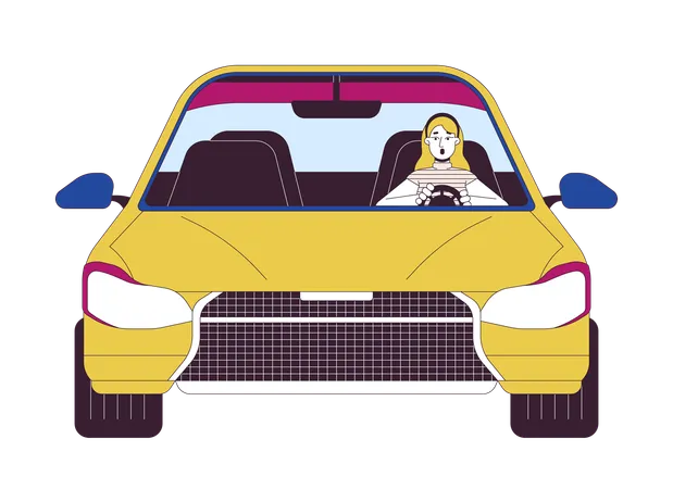 Shocked Woman Driving Car 2 D Linear Cartoon Character Caucasian Female Dealing With Road Accident Isolated Line Vector Person White Background Dangerous Situation Color Flat Spot Illustration Illustration