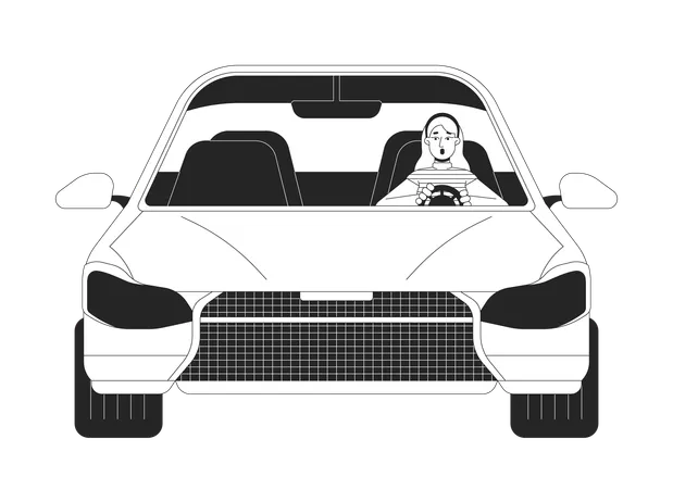 Shocked Woman Driving Car Black And White 2 D Line Cartoon Character Caucasian Female Dealing With Accident Isolated Vector Outline Person Dangerous Situation Monochromatic Flat Spot Illustration イラスト