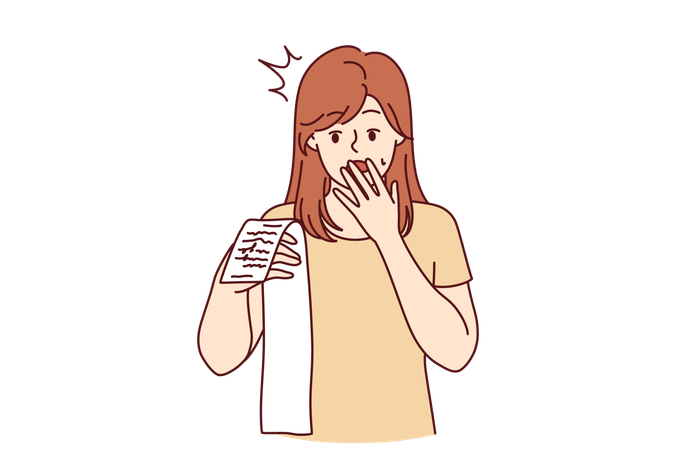 Shocked woman holds large purchase bill  イラスト
