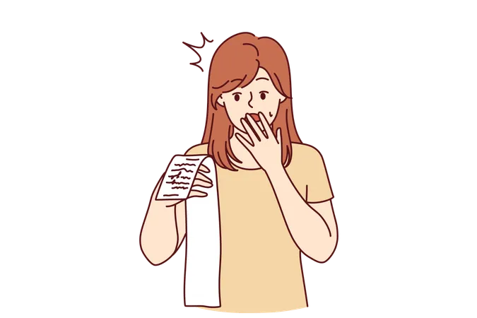 Shocked Woman Holds Receipt With Purchase Price And Is Amazed At Size Of Prices And Rise In Inflation Surprised Girl With Paper Check Feeling Stressed Due To Inflation Caused By Financial Crisis Illustration