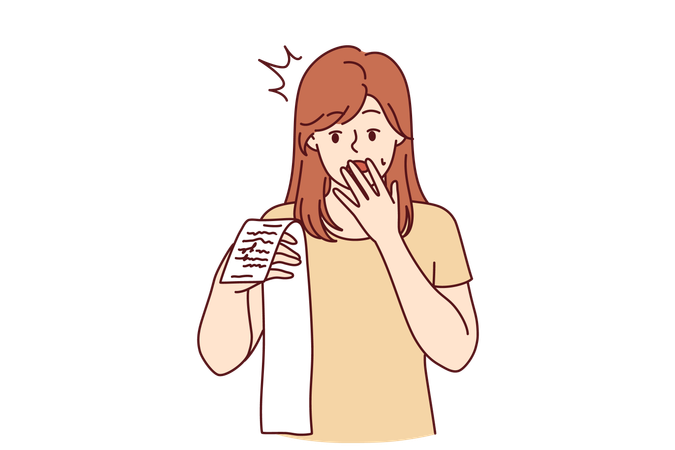 Shocked woman holds large purchase bill  Illustration