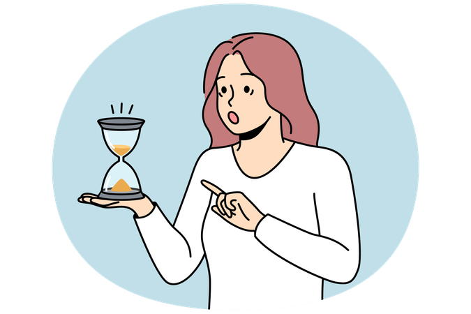 Shocked woman look at hourglass  Illustration