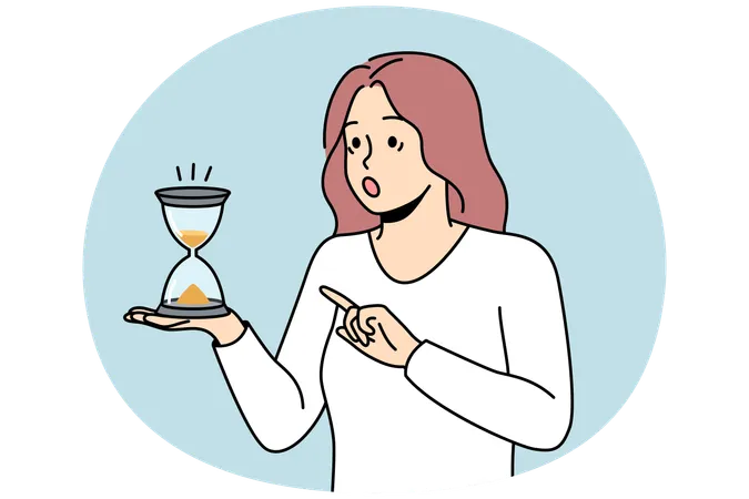 Shocked woman look at hourglass  Illustration