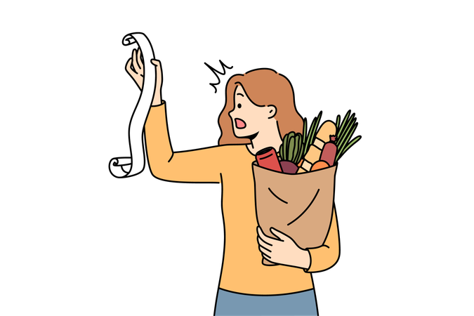 Shocked woman looking at grocery bills  Illustration