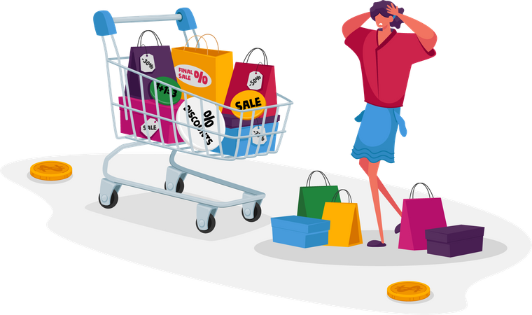 Shocked Woman Shopaholic with Many Shopping Bags Illustration