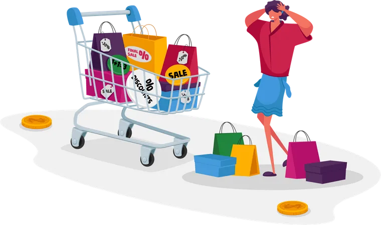 Shocked Woman Shopaholic with Many Shopping Bags Illustration