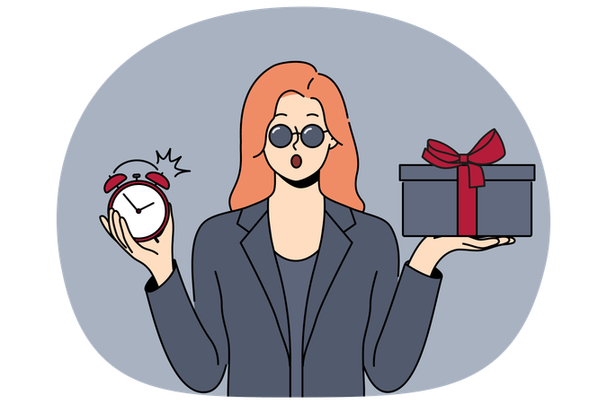 Shocked woman with gift and clock in hands opens mouth in surprise after learning about being late  Illustration