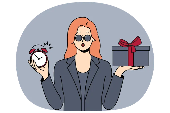 Shocked woman with gift and clock in hands opens mouth in surprise after learning about being late  Illustration