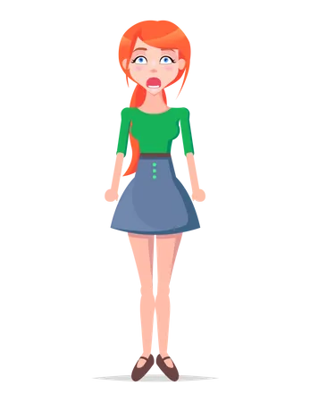 Shocked Young Woman Illustration Beautiful Redhead Girl In Blouse And Skirt Standing With Clenched Fists Wide Open Mouth And Eyes Flat Vector Isolated On White Frightened Female Cartoon Character Illustration