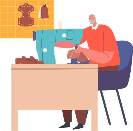 Shoemaker Create Shoe on Sewing Machine  Illustration