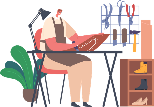 Shoemaker Sitting at Desk Cutting leather Illustration