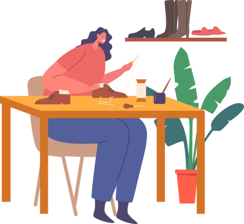 Shoemaker Woman With Awl Sitting At Workplace Create Handmade Footgear Cobbler Artisan Character Making Footwear Using Special Equipment And Tools Craftsmanship Cartoon People Vector Illustration Illustration