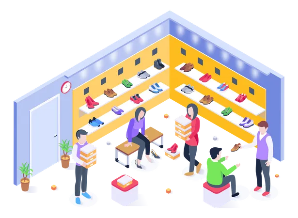 Customers In A Shoes Shop Isometric Illustration Illustration
