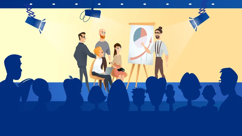 Illustration Shooting Business Television Show Banner Vector Studio TV Channel Young Bearded Guy Show Economic Is Simple Graph Scene Presenter Journalist Photographer Group Spectator Illustration