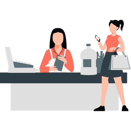 Shop assistant handling shopping bag for female costumer in grocery store  Illustration