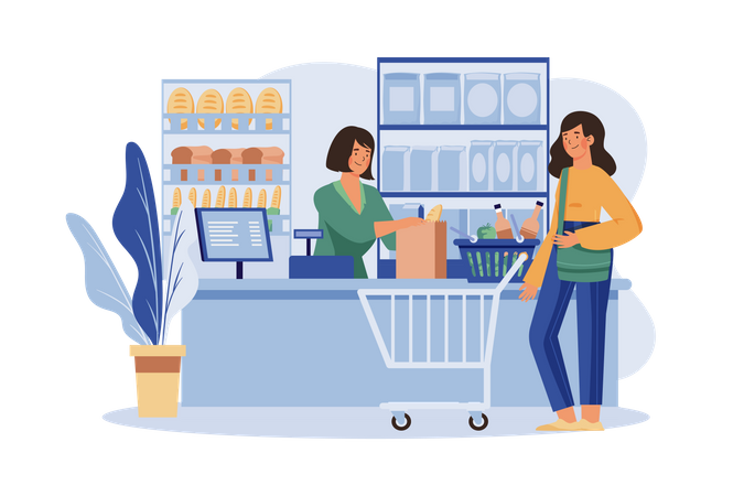 Shop Assistant Handling Shopping Bag to Female Customer in Grocery Store  Illustration