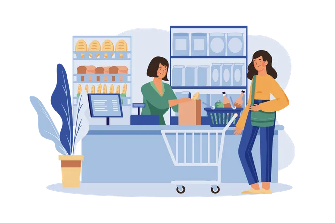 Shop Assistant Handling Shopping Bag to Female Customer in Grocery Store Illustration