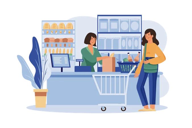 Shop Assistant Handling Shopping Bag to Female Customer in Grocery Store  Illustration