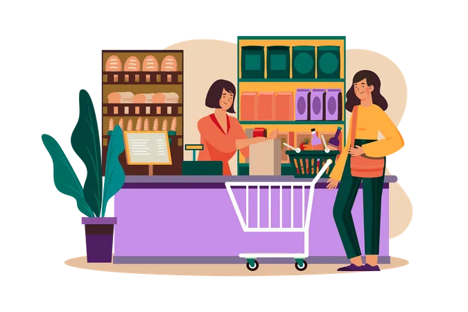 Shop Assistant Handling Shopping Bag to Female Customer in Grocery Store  Illustration