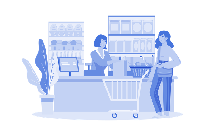 Shop Assistant Handling Shopping Bag to Female Customer in Grocery Store  Illustration