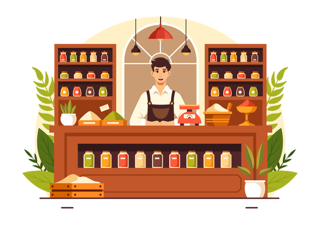 Shop owner at spice store  일러스트레이션