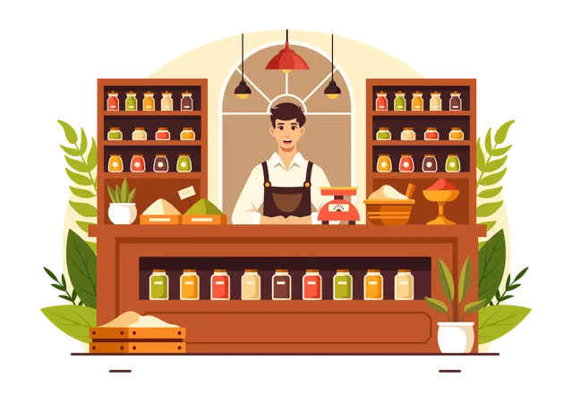 Spice Shop Vector Illustration With Different Hot Sauces Condiment Exotic Fresh Seasoning And Traditional Herbs In Flat Cartoon Background 일러스트레이션
